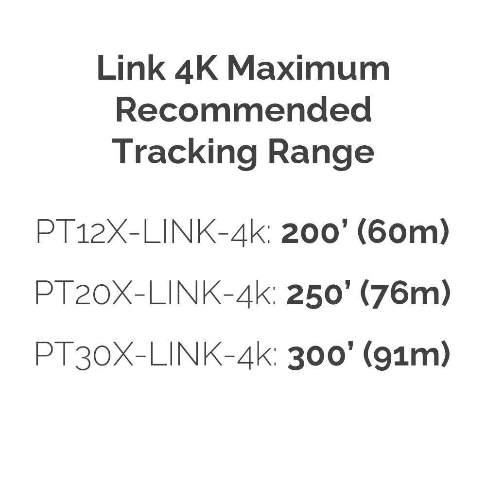 Link 4K auto-tracking distances (12X: 200ft., 20X: 250ft., 30X: 300ft.)